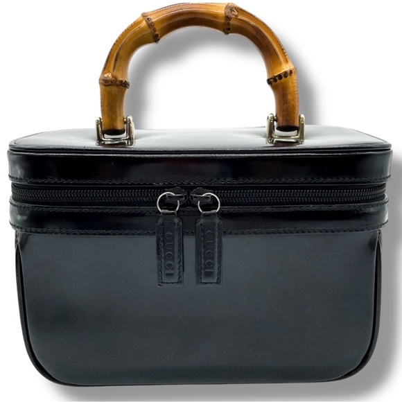 🖤💄SOLD💄🖤 VTG 90s GUCCI Black Patent Leather Vanity Case Bag w/ Bamboo Handle - Picture 2 of 15